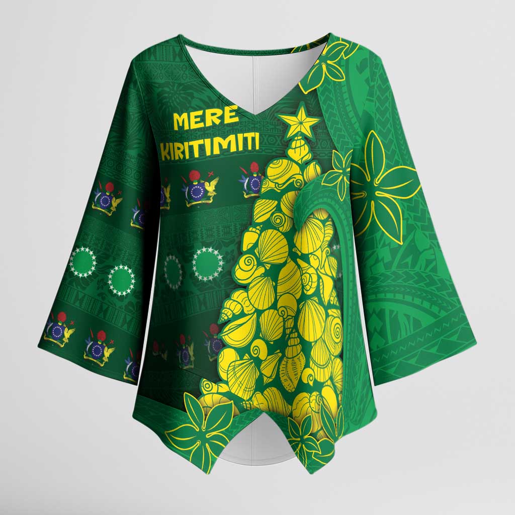 Cook Islands Christmas Kimono Sleeve Blouse Seashell Xmas Tree Tribal Waves - Polynesian Pride