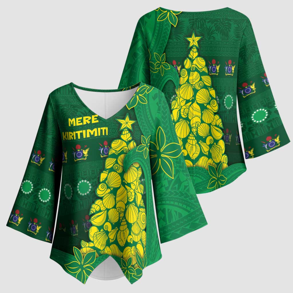 Cook Islands Christmas Kimono Sleeve Blouse Seashell Xmas Tree Tribal Waves - Polynesian Pride