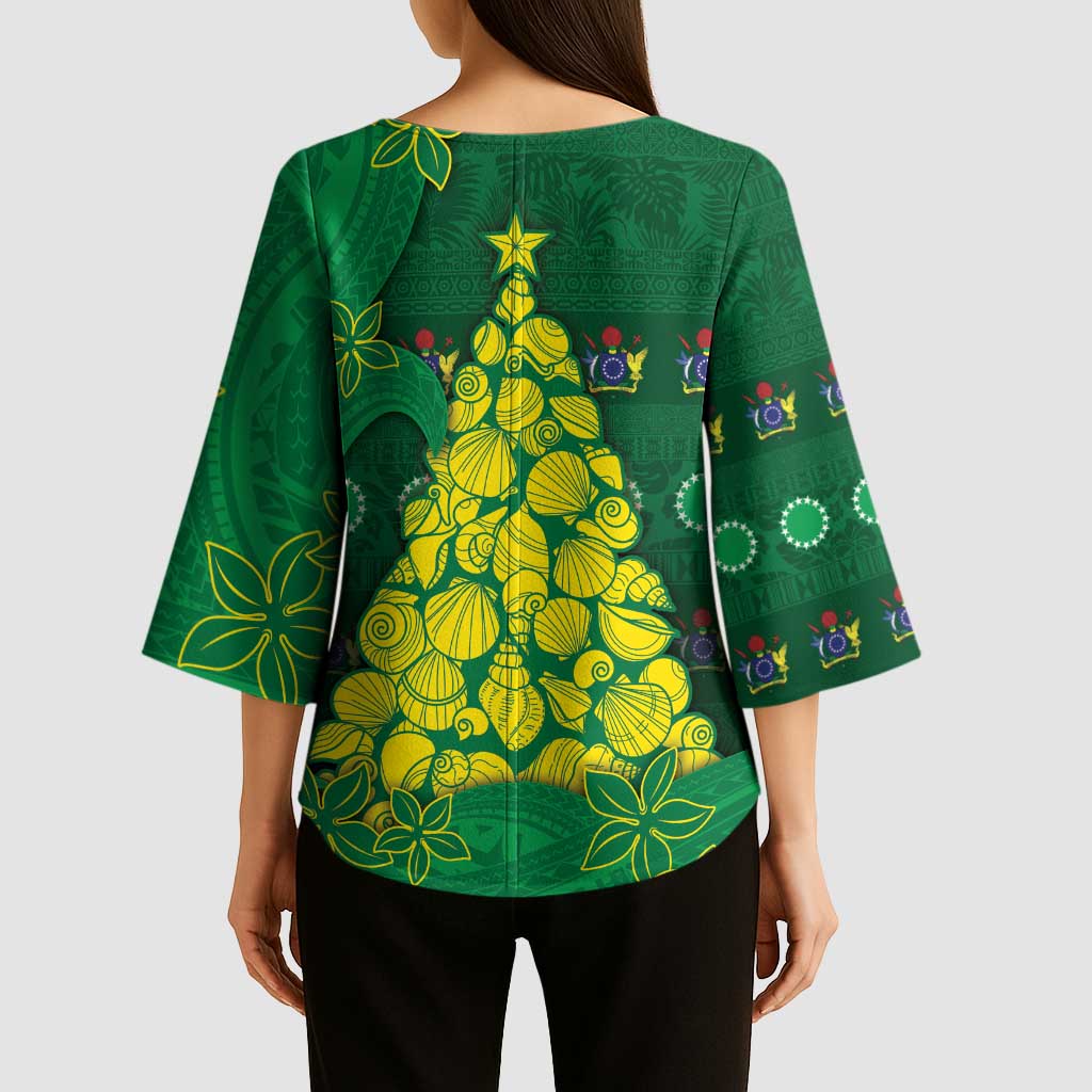 Cook Islands Christmas Kimono Sleeve Blouse Seashell Xmas Tree Tribal Waves - Polynesian Pride