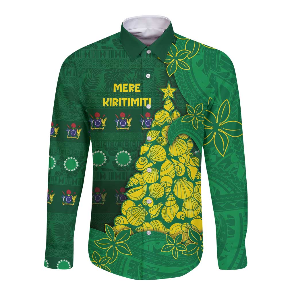 Cook Islands Christmas Long Sleeve Button Shirt Seashell Xmas Tree Tribal Waves DT05 Unisex Green - Polynesian Pride