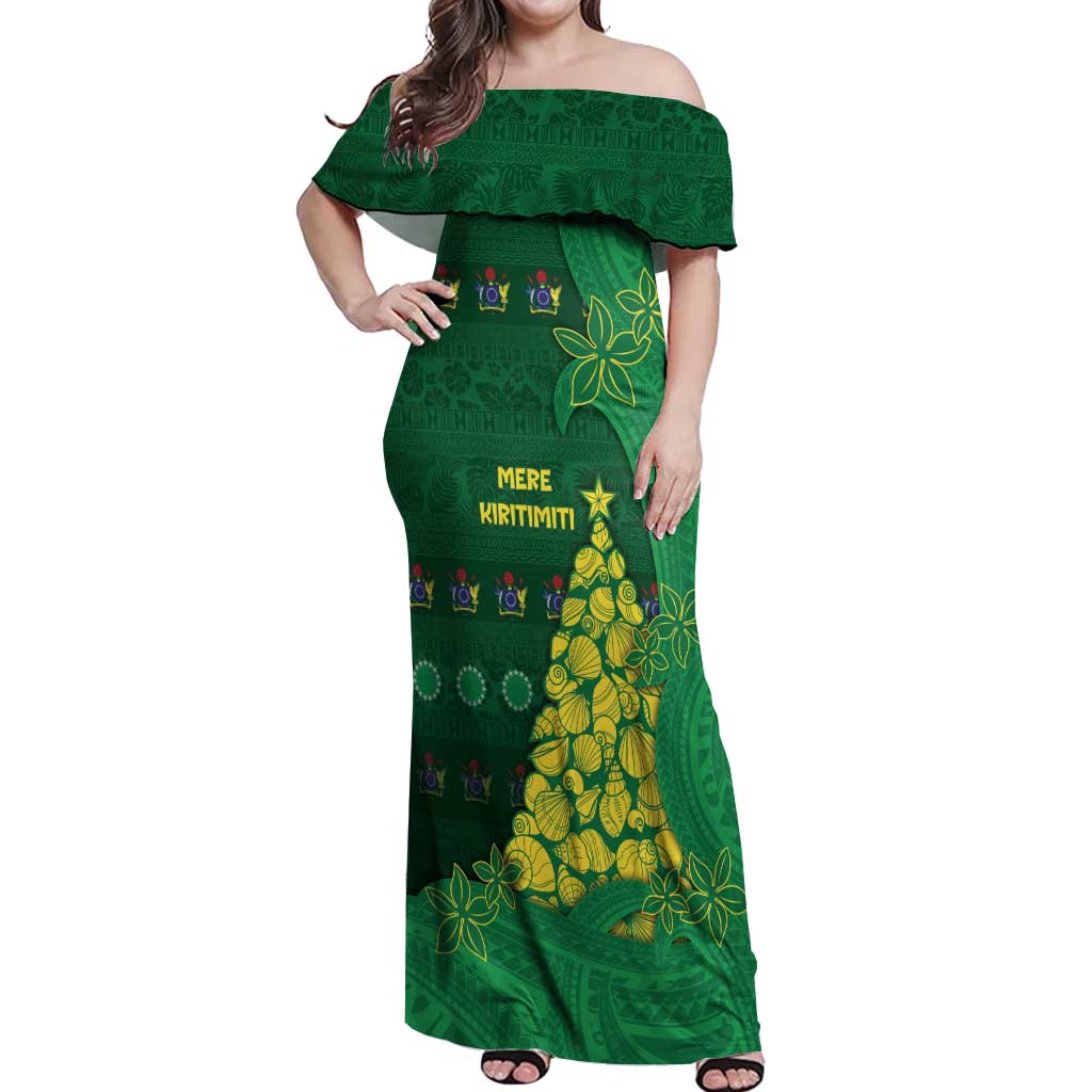 Cook Islands Christmas Off Shoulder Maxi Dress Seashell Xmas Tree Tribal Waves DT05 Women Green - Polynesian Pride