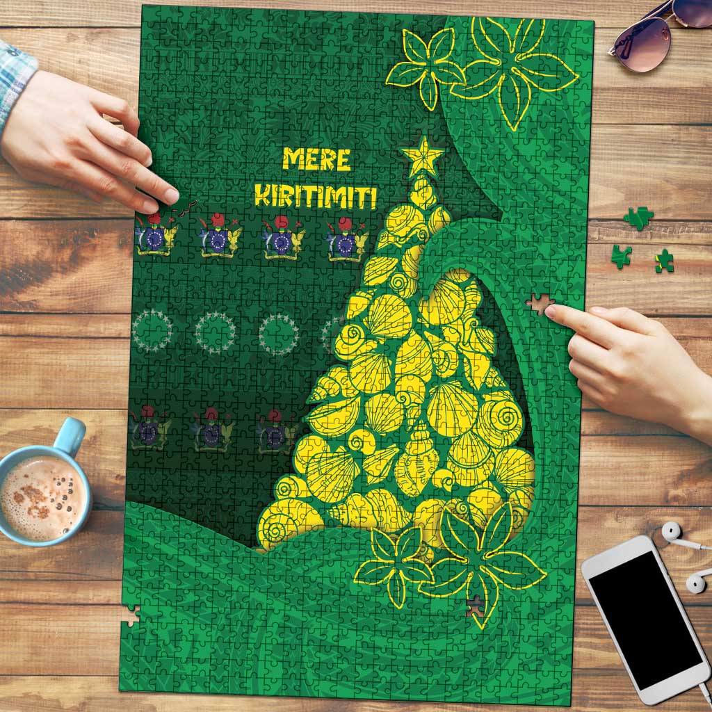 Cook Islands Christmas Puzzle Seashell Xmas Tree Tribal Waves DT05 Green - Polynesian Pride