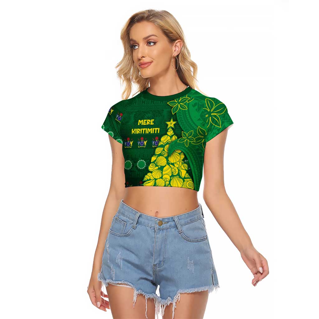 Cook Islands Christmas Raglan Cropped T Shirt Seashell Xmas Tree Tribal Waves DT05 Female Green - Polynesian Pride