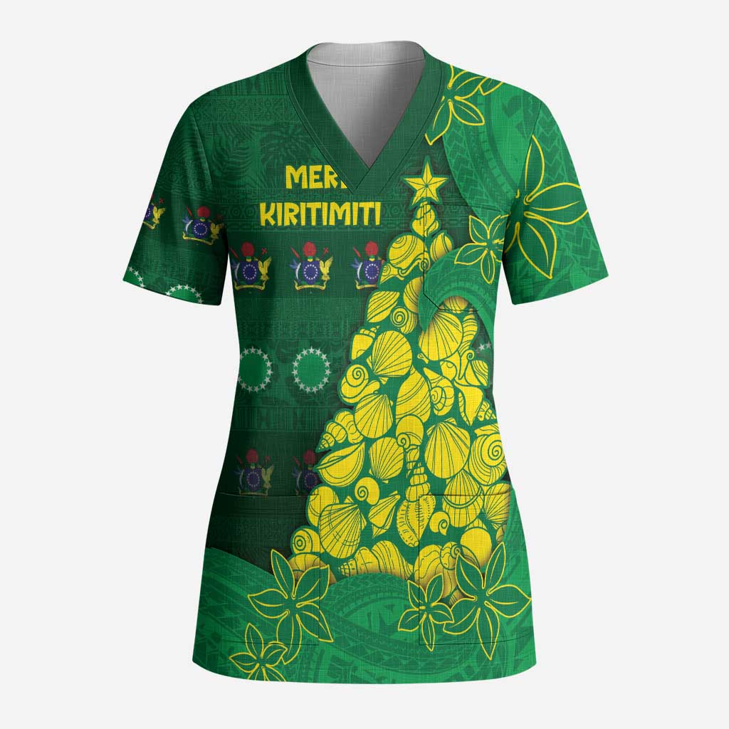Cook Islands Christmas Scrub Top Seashell Xmas Tree Tribal Waves DT05 Adult Green - Polynesian Pride
