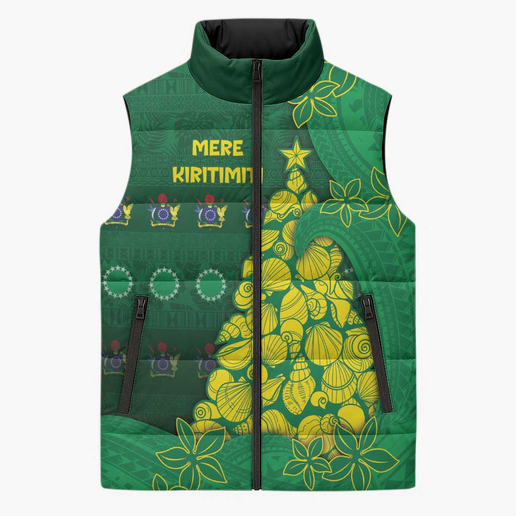 Cook Islands Christmas Sleeveless Puffer Jacket Seashell Xmas Tree Tribal Waves DT05 Unisex Green - Polynesian Pride