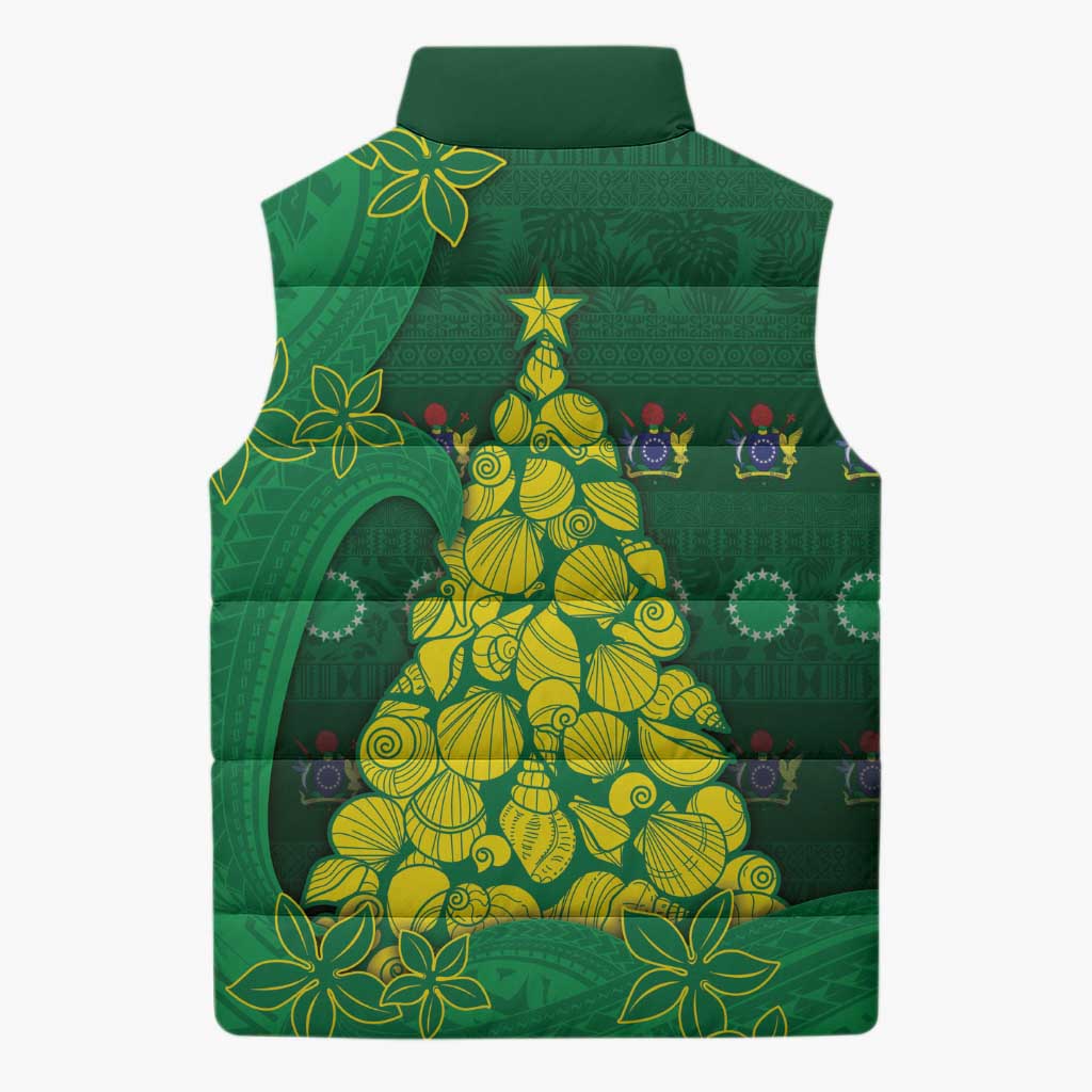 Cook Islands Christmas Sleeveless Puffer Jacket Seashell Xmas Tree Tribal Waves DT05 - Polynesian Pride