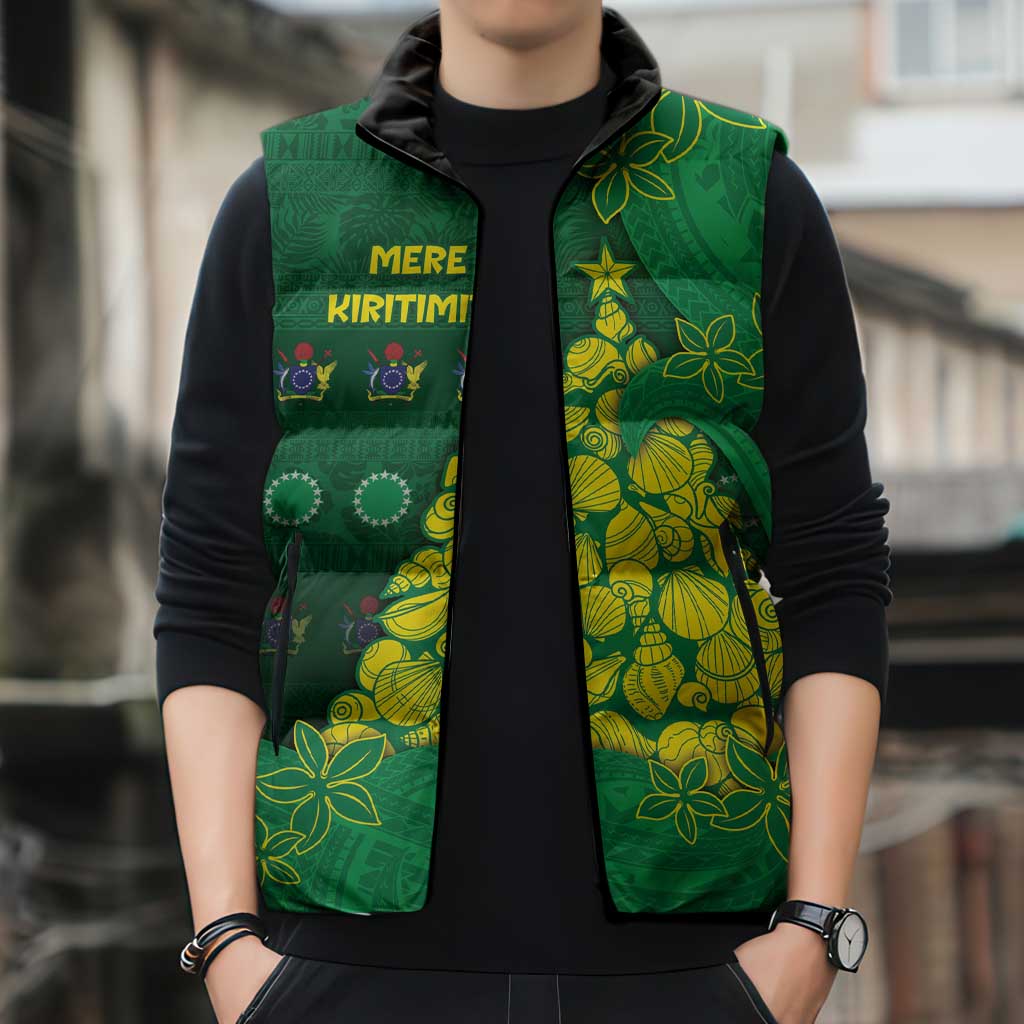 Cook Islands Christmas Sleeveless Puffer Jacket Seashell Xmas Tree Tribal Waves DT05 - Polynesian Pride