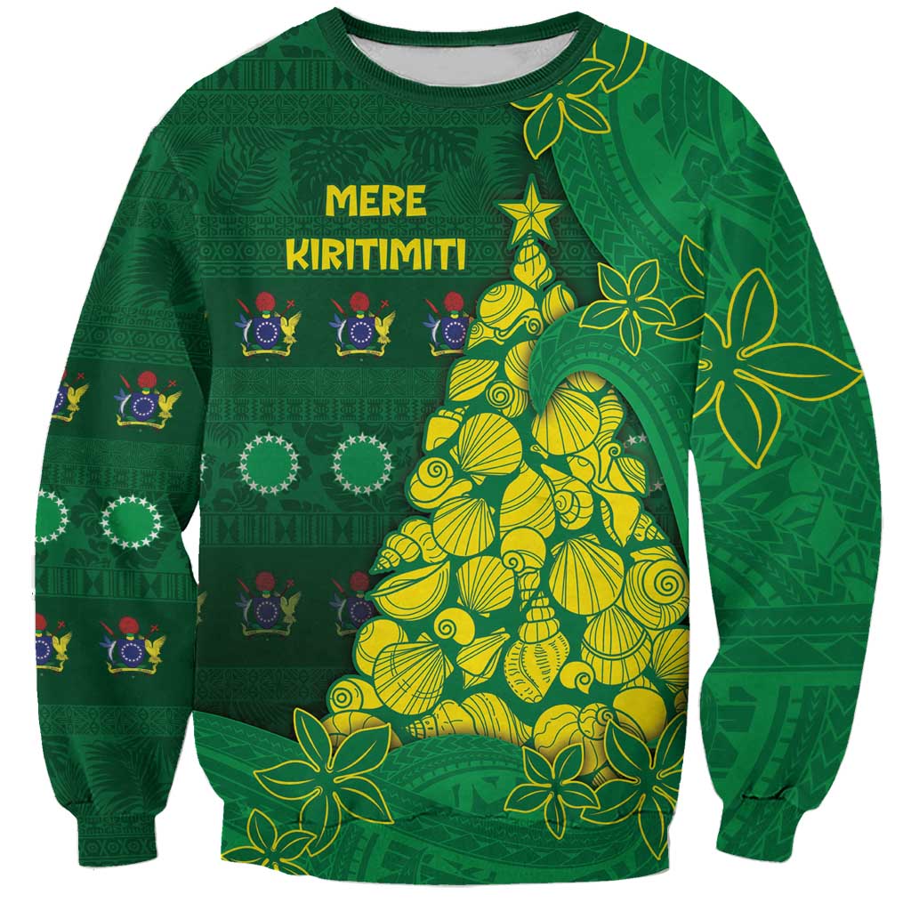 Cook Islands Christmas Sweatshirt Seashell Xmas Tree Tribal Waves DT05 Unisex Green - Polynesian Pride
