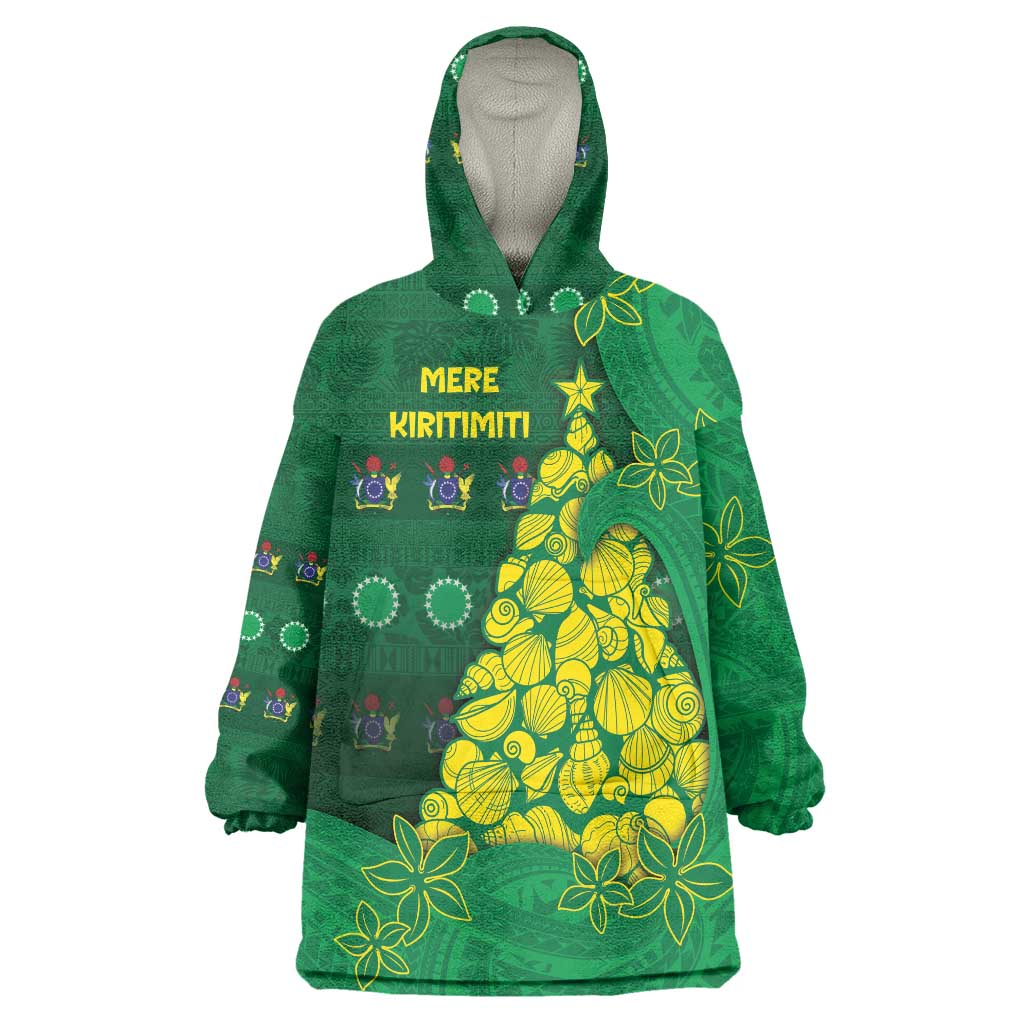 Cook Islands Christmas Wearable Blanket Hoodie Seashell Xmas Tree Tribal Waves - Polynesian Pride