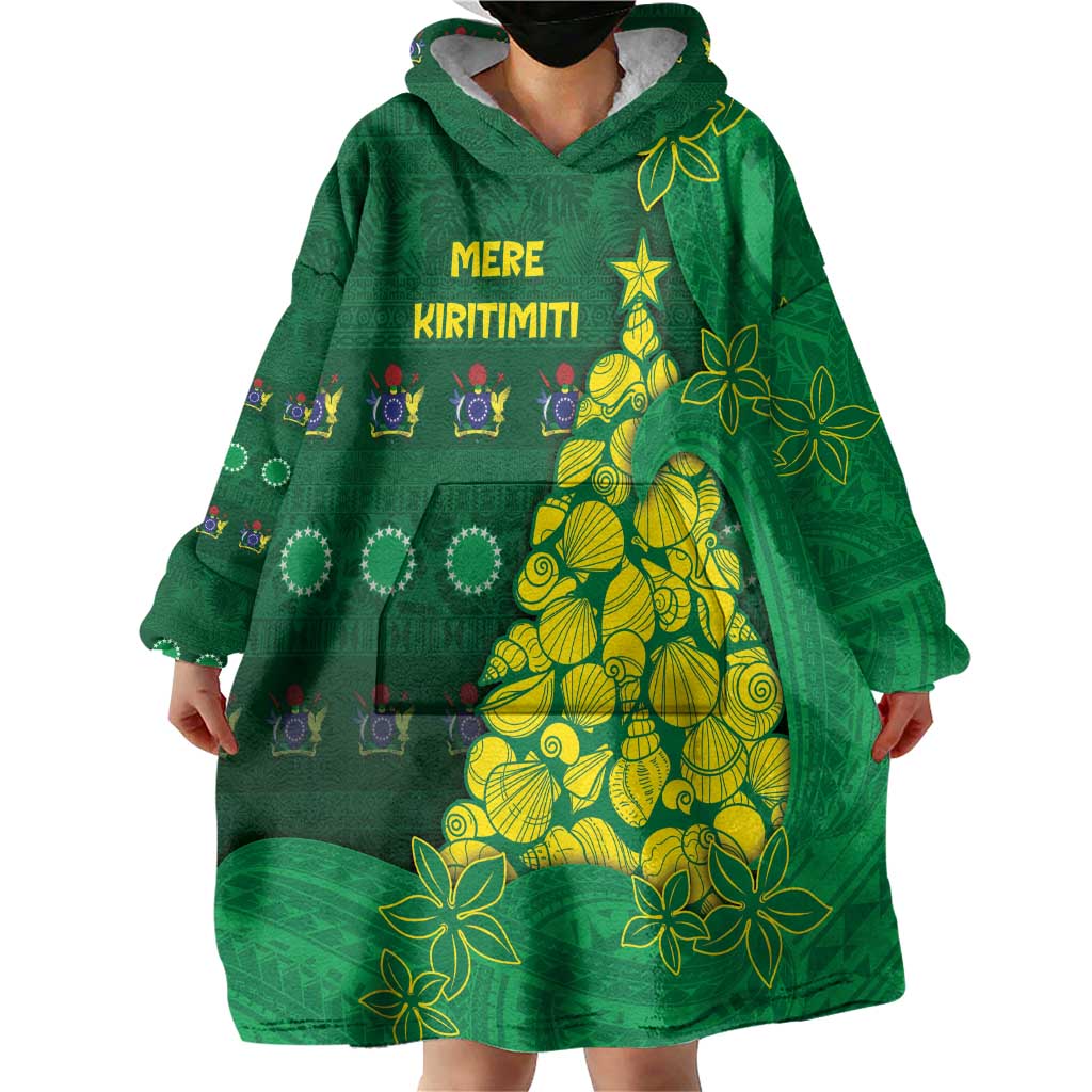 Cook Islands Christmas Wearable Blanket Hoodie Seashell Xmas Tree Tribal Waves - Polynesian Pride