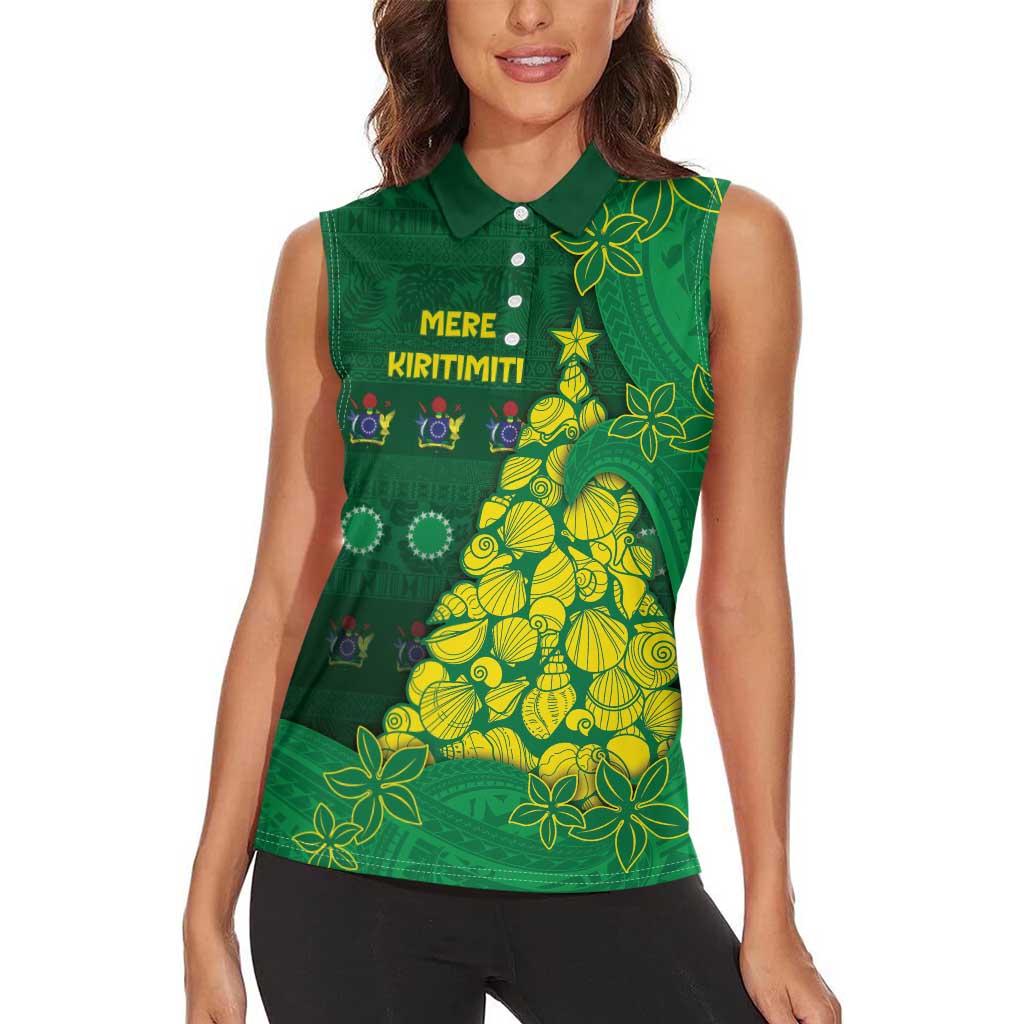 Cook Islands Christmas Women Sleeveless Polo Shirt Seashell Xmas Tree Tribal Waves DT05 - Polynesian Pride
