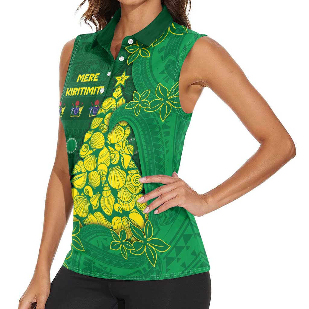 Cook Islands Christmas Women Sleeveless Polo Shirt Seashell Xmas Tree Tribal Waves DT05 - Polynesian Pride