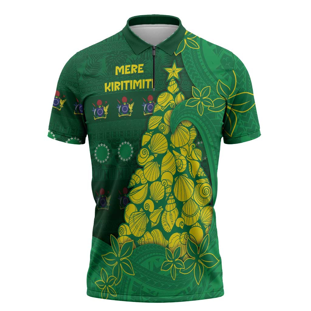 Cook Islands Christmas Zipper Polo Shirt Seashell Xmas Tree Tribal Waves - Polynesian Pride