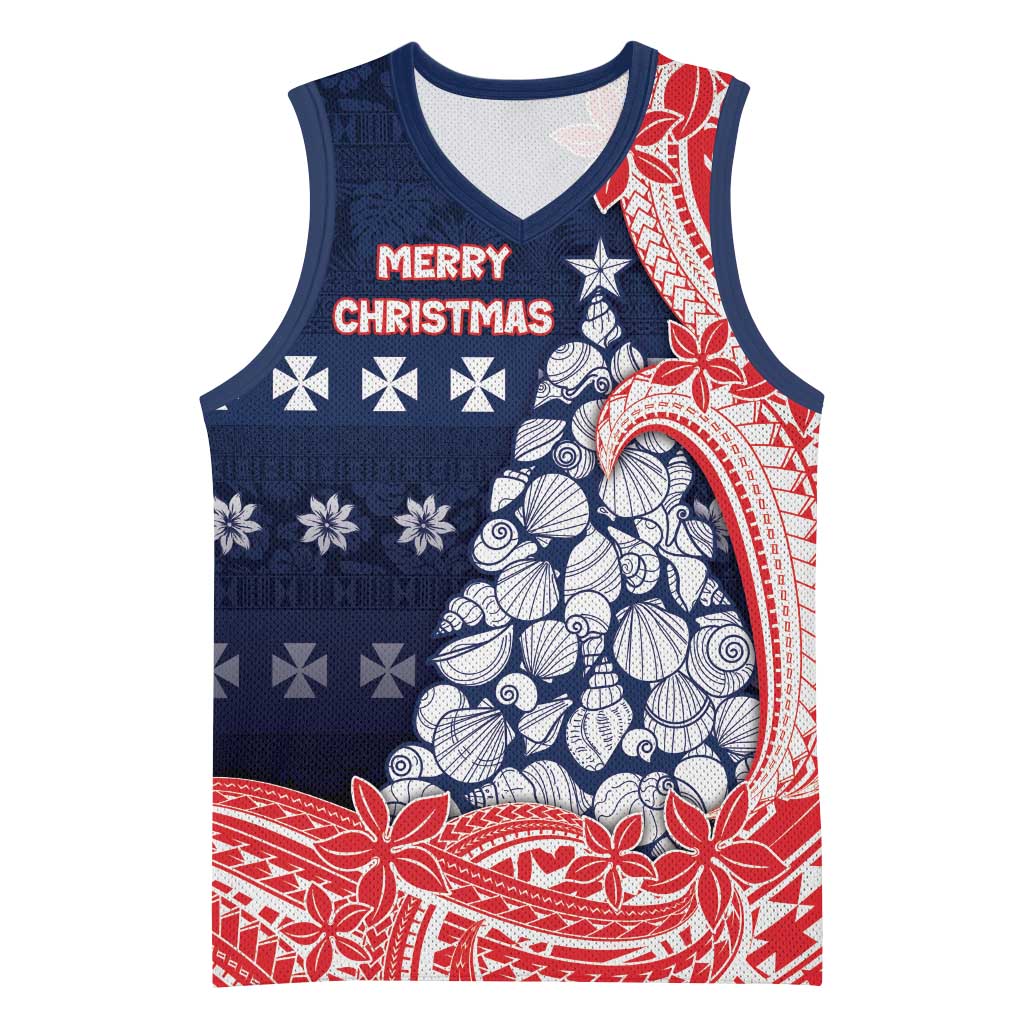 Wallis And Futuna Christmas Basketball Jersey Seashell Xmas Tree Tribal Waves - Polynesian Pride