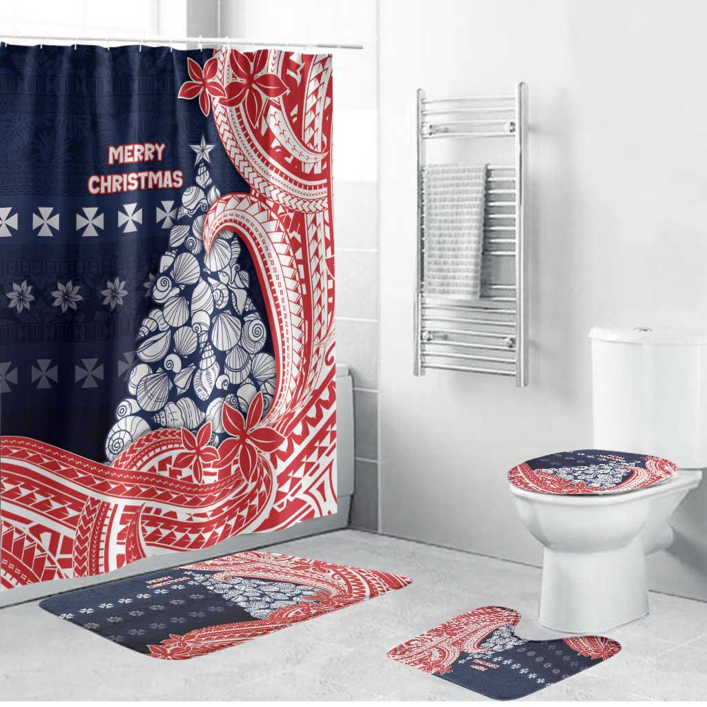 Wallis And Futuna Christmas Bathroom Set Seashell Xmas Tree Tribal Waves - Polynesian Pride