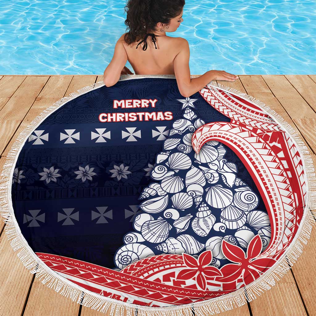 Wallis And Futuna Christmas Beach Blanket Seashell Xmas Tree Tribal Waves - Polynesian Pride