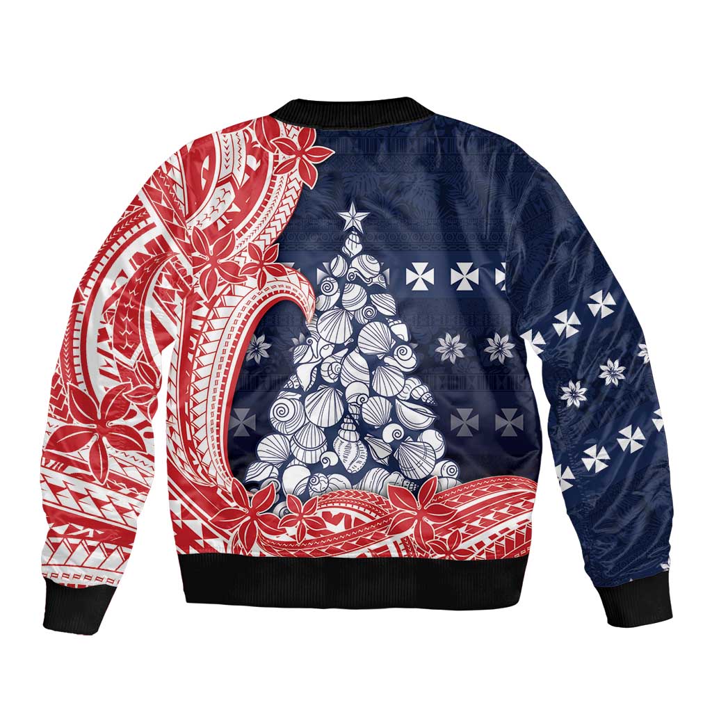 Wallis And Futuna Christmas Bomber Jacket Seashell Xmas Tree Tribal Waves - Polynesian Pride