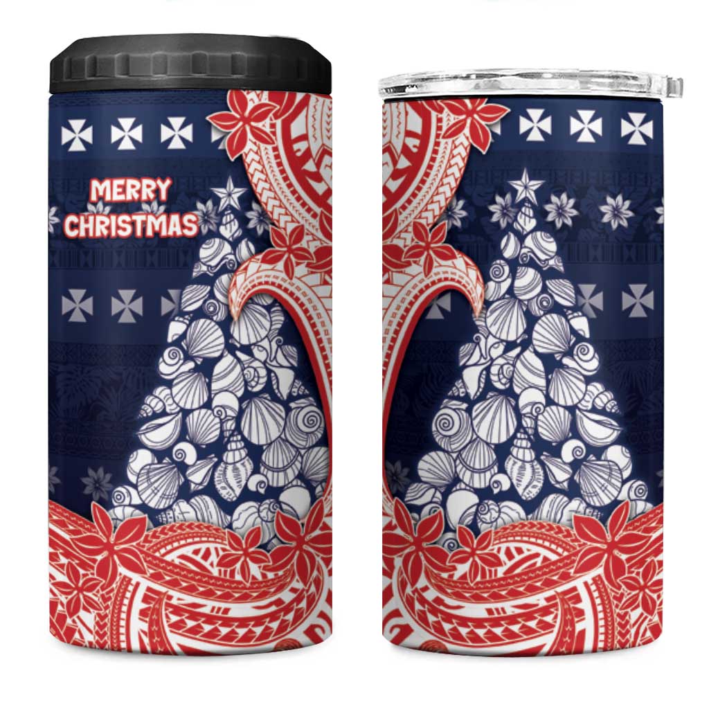 Wallis And Futuna Christmas 4 in 1 Can Cooler Tumbler Seashell Xmas Tree Tribal Waves - Polynesian Pride