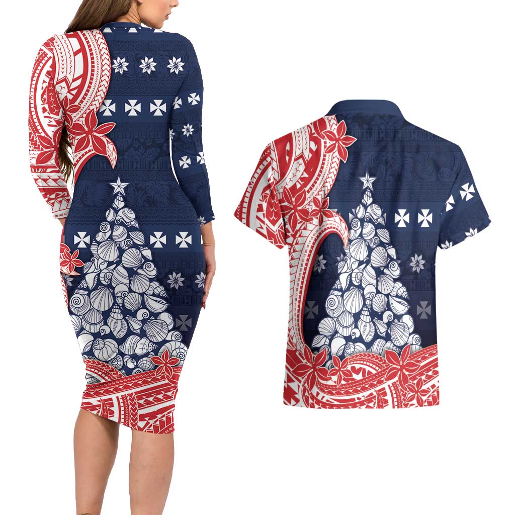 Wallis And Futuna Christmas Couples Matching Long Sleeve Bodycon Dress and Hawaiian Shirt Seashell Xmas Tree Tribal Waves - Polynesian Pride