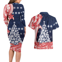 Wallis And Futuna Christmas Couples Matching Long Sleeve Bodycon Dress and Hawaiian Shirt Seashell Xmas Tree Tribal Waves - Polynesian Pride