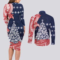 Wallis And Futuna Christmas Couples Matching Long Sleeve Bodycon Dress and Long Sleeve Button Shirt Seashell Xmas Tree Tribal Waves DT05 - Polynesian Pride