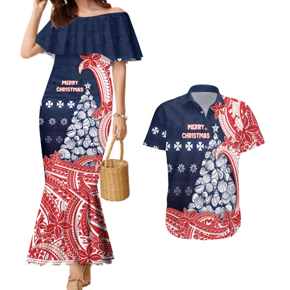 Wallis And Futuna Christmas Couples Matching Mermaid Dress and Hawaiian Shirt Seashell Xmas Tree Tribal Waves - Polynesian Pride