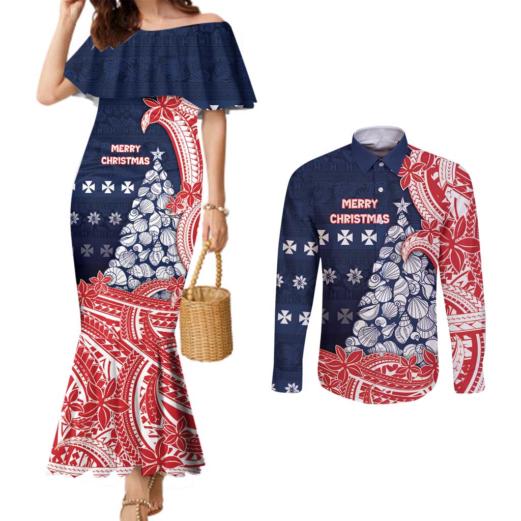 Wallis And Futuna Christmas Couples Matching Mermaid Dress and Long Sleeve Button Shirt Seashell Xmas Tree Tribal Waves DT05 Navy - Polynesian Pride