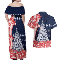 Wallis And Futuna Christmas Couples Matching Off Shoulder Maxi Dress and Hawaiian Shirt Seashell Xmas Tree Tribal Waves - Polynesian Pride