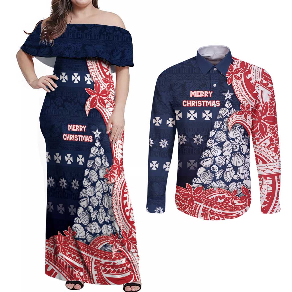 Wallis And Futuna Christmas Couples Matching Off Shoulder Maxi Dress and Long Sleeve Button Shirt Seashell Xmas Tree Tribal Waves DT05 Navy - Polynesian Pride