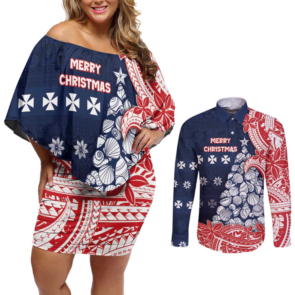 Wallis And Futuna Christmas Couples Matching Off Shoulder Short Dress and Long Sleeve Button Shirt Seashell Xmas Tree Tribal Waves DT05 Navy - Polynesian Pride