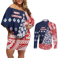 Wallis And Futuna Christmas Couples Matching Off Shoulder Short Dress and Long Sleeve Button Shirt Seashell Xmas Tree Tribal Waves DT05 Navy - Polynesian Pride