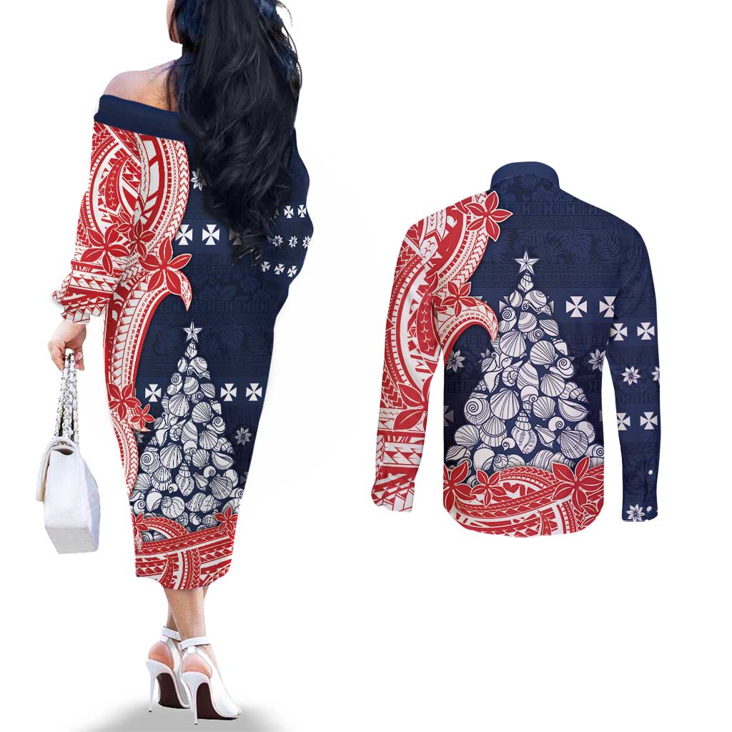 Wallis And Futuna Christmas Couples Matching Off The Shoulder Long Sleeve Dress and Long Sleeve Button Shirt Seashell Xmas Tree Tribal Waves DT05 - Polynesian Pride
