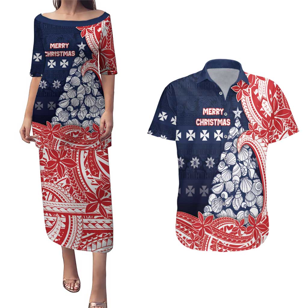Wallis And Futuna Christmas Couples Matching Puletasi and Hawaiian Shirt Seashell Xmas Tree Tribal Waves DT05 Navy - Polynesian Pride