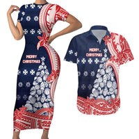 Wallis And Futuna Christmas Couples Matching Short Sleeve Bodycon Dress and Hawaiian Shirt Seashell Xmas Tree Tribal Waves - Polynesian Pride
