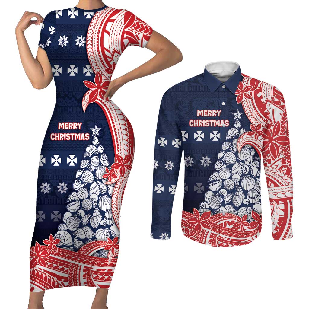 Wallis And Futuna Christmas Couples Matching Short Sleeve Bodycon Dress and Long Sleeve Button Shirt Seashell Xmas Tree Tribal Waves DT05 Navy - Polynesian Pride