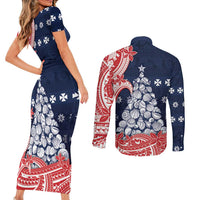 Wallis And Futuna Christmas Couples Matching Short Sleeve Bodycon Dress and Long Sleeve Button Shirt Seashell Xmas Tree Tribal Waves DT05 - Polynesian Pride