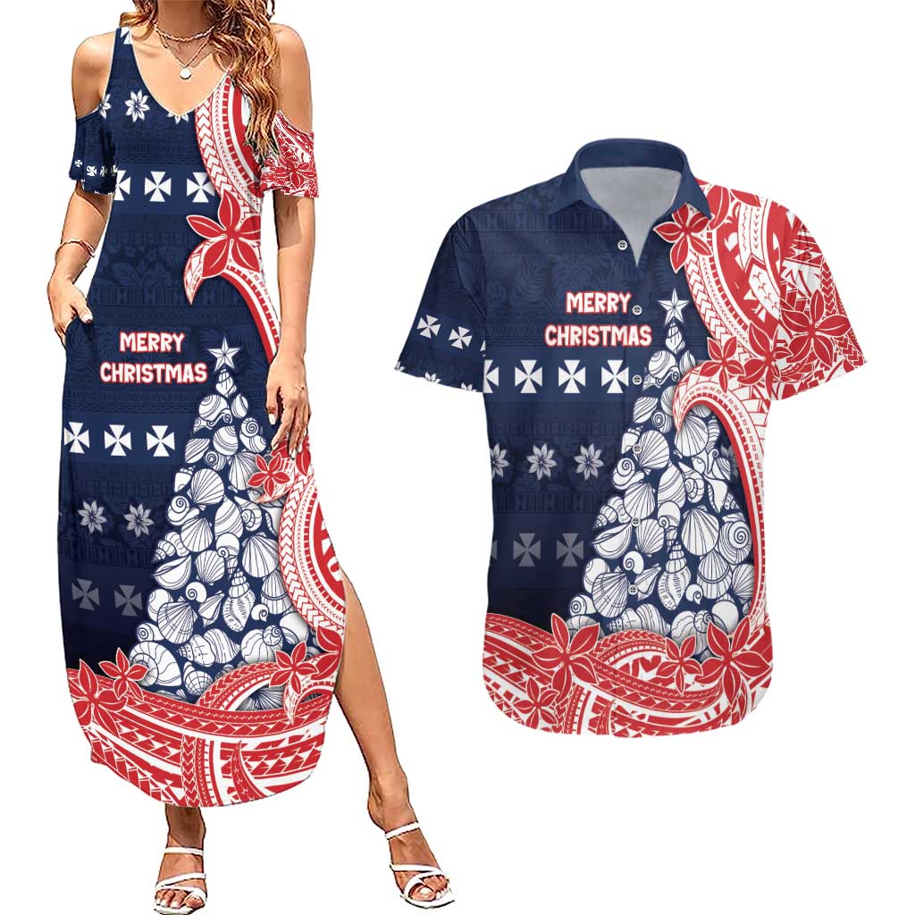 Wallis And Futuna Christmas Couples Matching Summer Maxi Dress and Hawaiian Shirt Seashell Xmas Tree Tribal Waves - Polynesian Pride