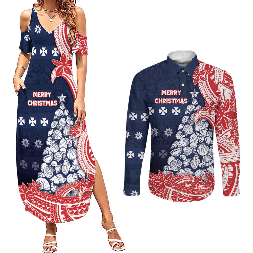 Wallis And Futuna Christmas Couples Matching Summer Maxi Dress and Long Sleeve Button Shirt Seashell Xmas Tree Tribal Waves DT05 Navy - Polynesian Pride