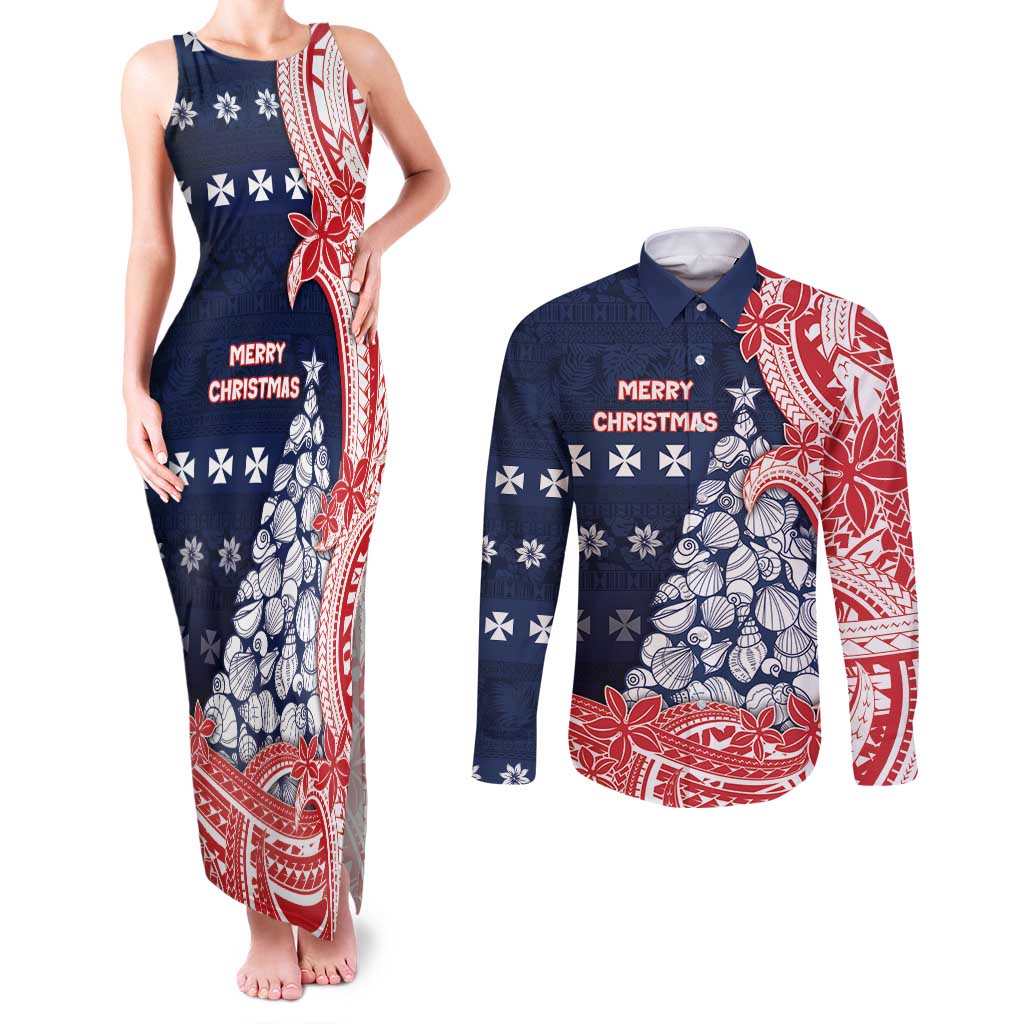 Wallis And Futuna Christmas Couples Matching Tank Maxi Dress and Long Sleeve Button Shirt Seashell Xmas Tree Tribal Waves DT05 Navy - Polynesian Pride