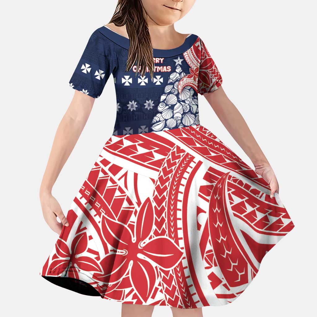 Wallis And Futuna Christmas Family Matching Long Sleeve Bodycon Dress and Hawaiian Shirt Seashell Xmas Tree Tribal Waves DT05 Daughter's Dress Navy - Polynesian Pride
