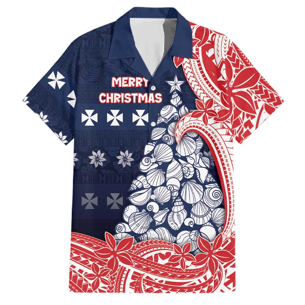 Wallis And Futuna Christmas Family Matching Off The Shoulder Long Sleeve Dress and Hawaiian Shirt Seashell Xmas Tree Tribal Waves DT05 Dad's Shirt - Short Sleeve Navy - Polynesian Pride