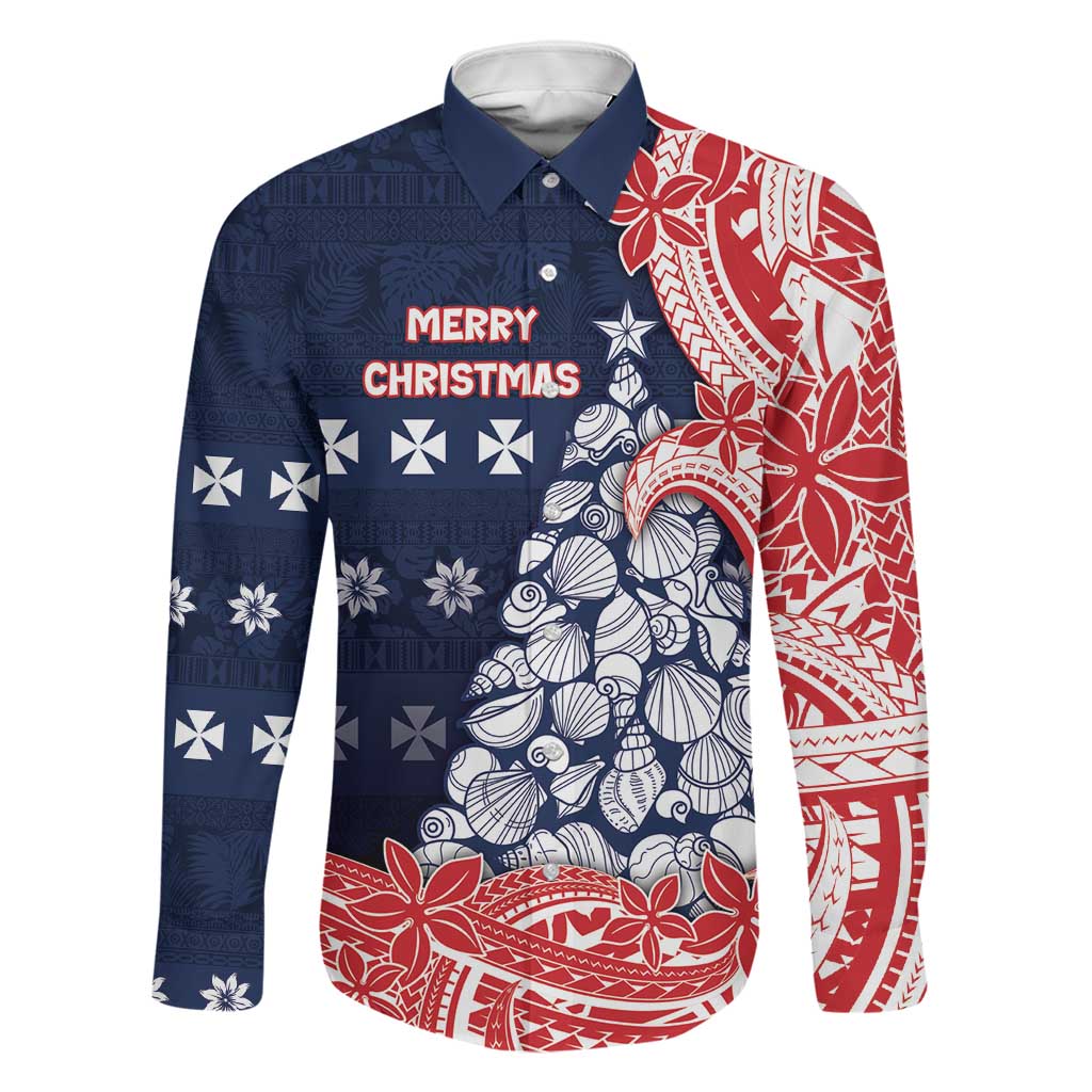 Wallis And Futuna Christmas Family Matching Off The Shoulder Long Sleeve Dress and Hawaiian Shirt Seashell Xmas Tree Tribal Waves DT05 Dad's Shirt - Long Sleeve Navy - Polynesian Pride