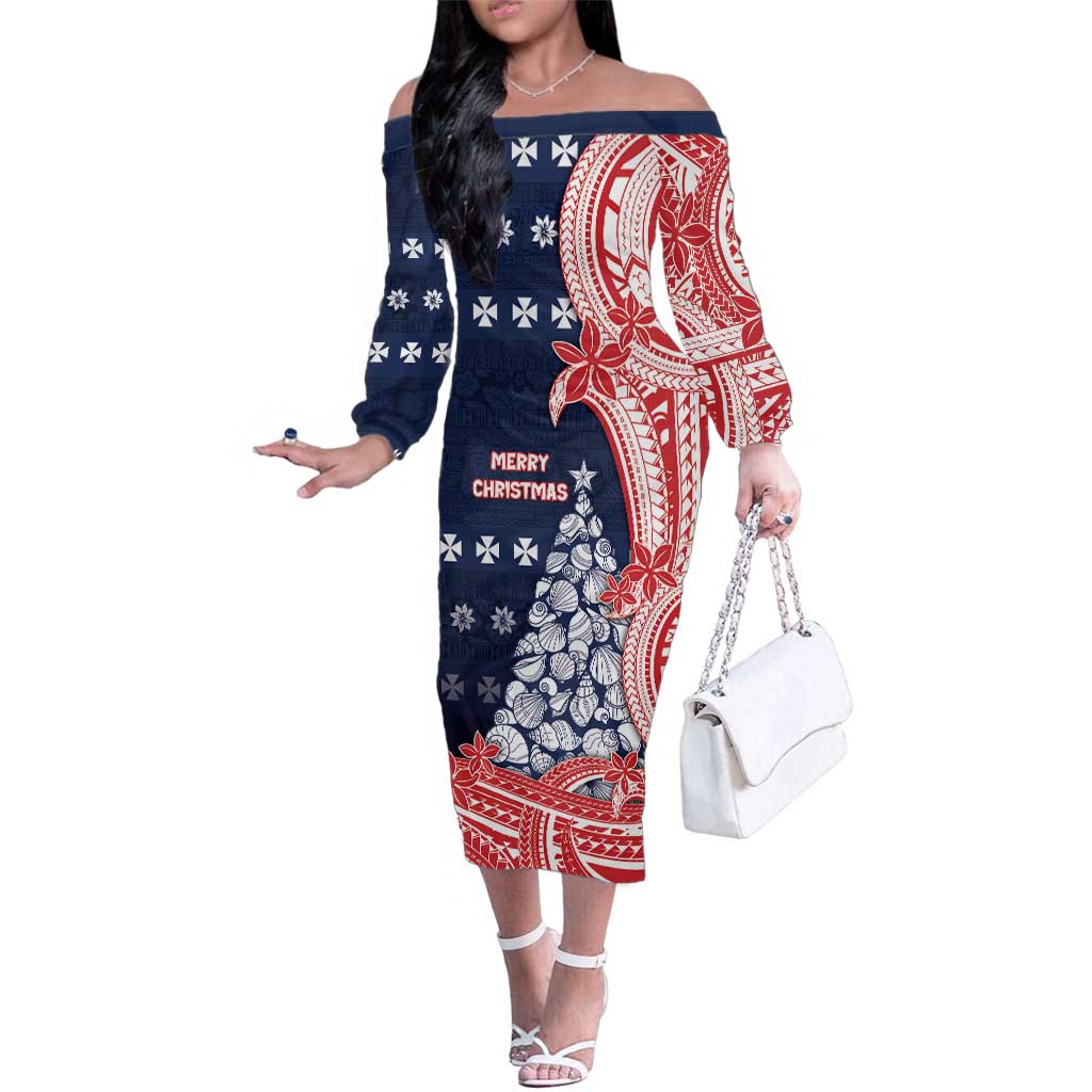 Wallis And Futuna Christmas Family Matching Off The Shoulder Long Sleeve Dress and Hawaiian Shirt Seashell Xmas Tree Tribal Waves DT05 Mom's Dress Navy - Polynesian Pride