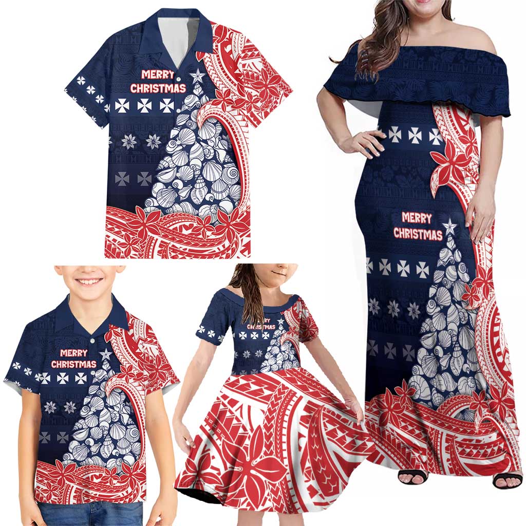 Wallis And Futuna Christmas Family Matching Off Shoulder Maxi Dress and Hawaiian Shirt Seashell Xmas Tree Tribal Waves - Polynesian Pride