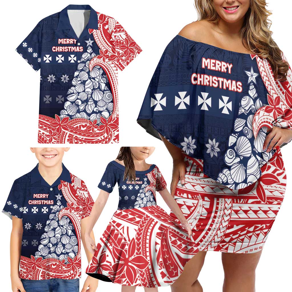 Wallis And Futuna Christmas Family Matching Off Shoulder Short Dress and Hawaiian Shirt Seashell Xmas Tree Tribal Waves - Polynesian Pride