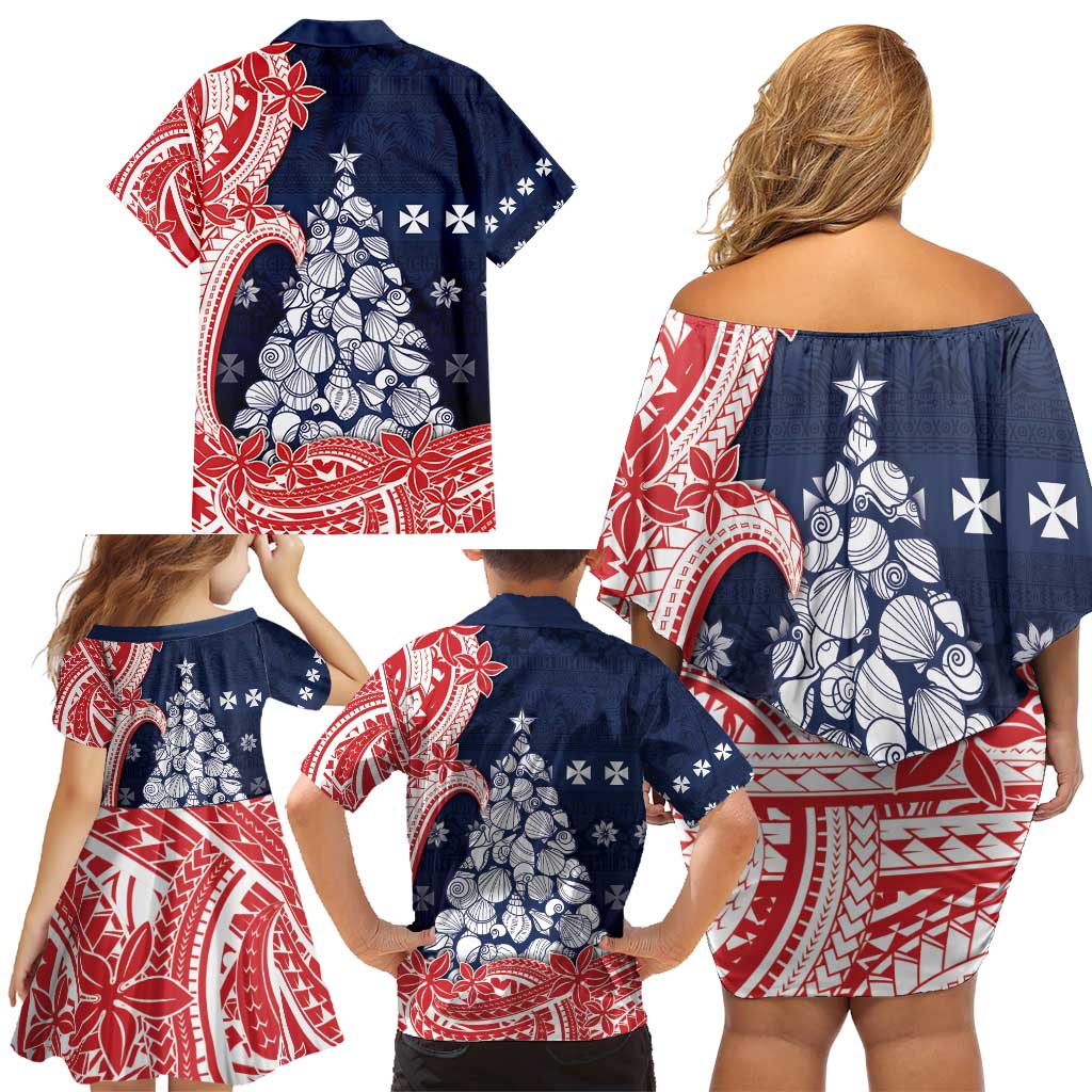 Wallis And Futuna Christmas Family Matching Off Shoulder Short Dress and Hawaiian Shirt Seashell Xmas Tree Tribal Waves - Polynesian Pride