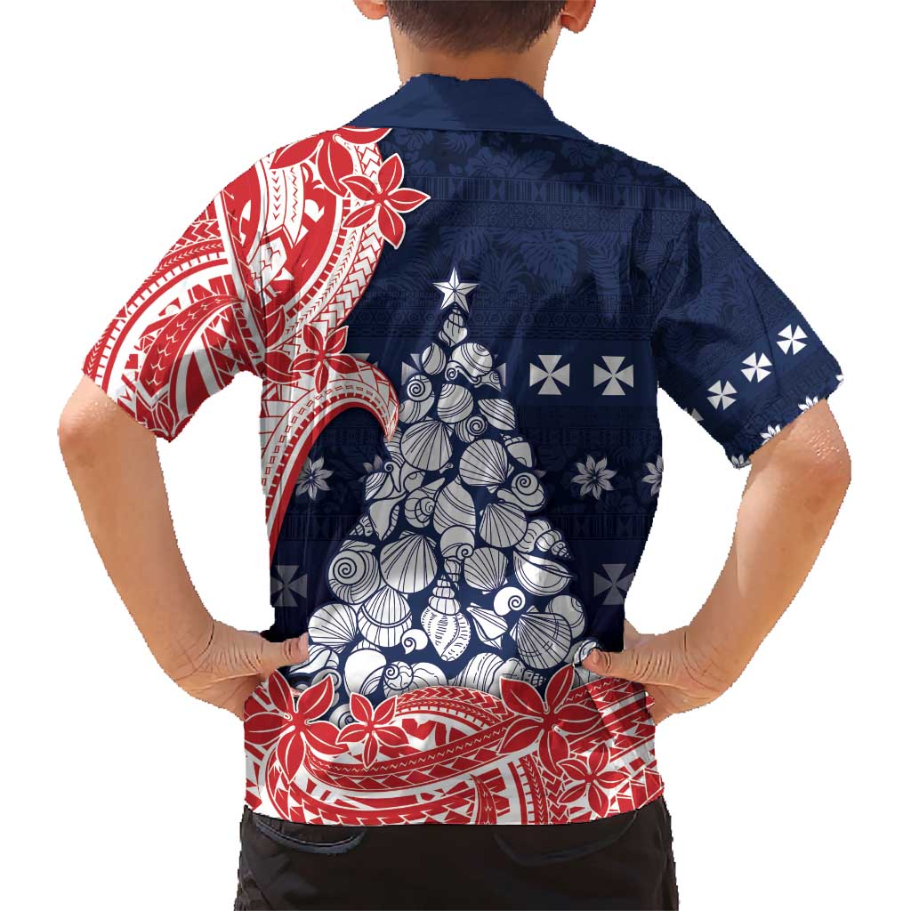 Wallis And Futuna Christmas Family Matching Short Sleeve Bodycon Dress and Hawaiian Shirt Seashell Xmas Tree Tribal Waves - Polynesian Pride