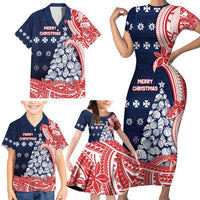 Wallis And Futuna Christmas Family Matching Short Sleeve Bodycon Dress and Hawaiian Shirt Seashell Xmas Tree Tribal Waves - Polynesian Pride