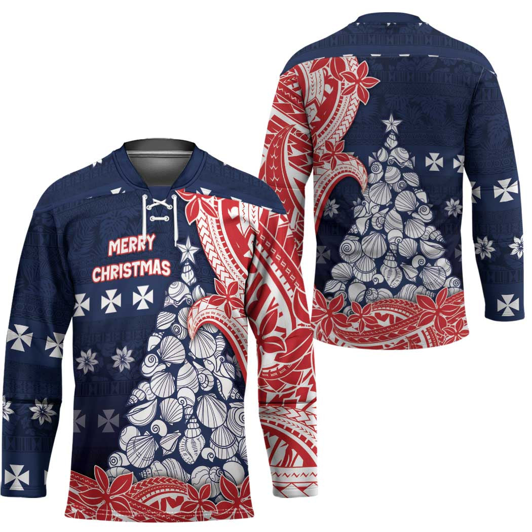Wallis And Futuna Christmas Hockey Jersey Seashell Xmas Tree Tribal Waves - Polynesian Pride