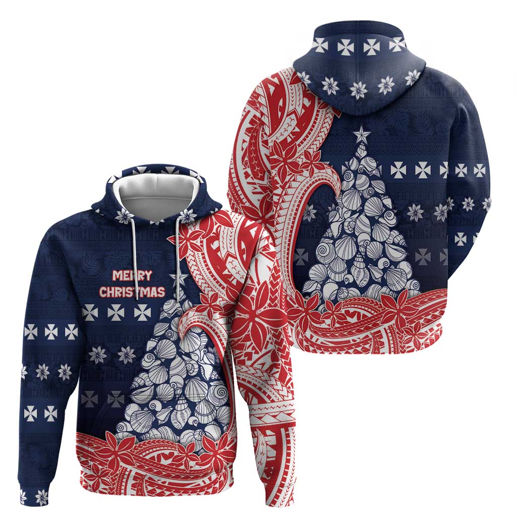 Wallis And Futuna Christmas Hoodie Seashell Xmas Tree Tribal Waves - Polynesian Pride